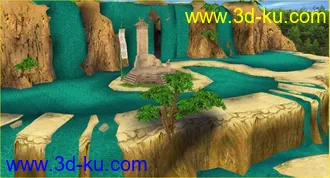 游戏低模古代场景的两个模型，有山有水有云（水带动画，云带动画）的图片