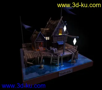 3D打印模型上课做的海边的房子、简单的贴图！的图片