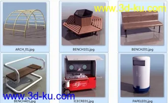 3D打印模型公共设施6合一 健身器 座椅 木沙发 可乐车 垃圾桶的图片