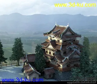 3D打印模型上的古建筑高模源文件，带灯光贴图的图片