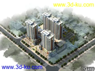 四个写字楼的模型，附鸟瞰一张的图片