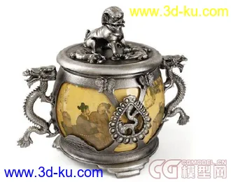 次时代模型之一个古董,古代壶状的金属装饰品,上面有狮子和龙的图片