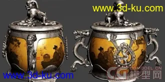 次时代模型之一个古董,古代壶状的金属装饰品,上面有狮子和龙的图片