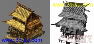 游戏场景模型之一个2.5D古时的茅草屋楼房的图片