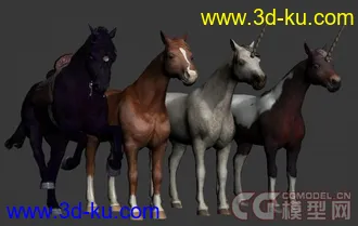 各种已绑定的带动画的次时代马和独角兽3D模型的图片