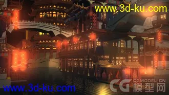 江南水乡水岸旁灯火辉煌夜夜笙歌繁华的古代客栈青楼maya模型下载！含材质贴图！的图片