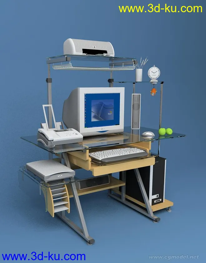 标准办公设备一套（电脑，电脑桌，扫描仪，打印机，传真机，音像，键盘，鼠标等等...模型的图片1