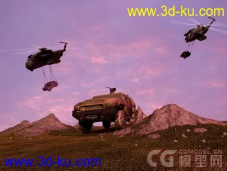 山地空降  直升机，越野车，山地模型。的图片