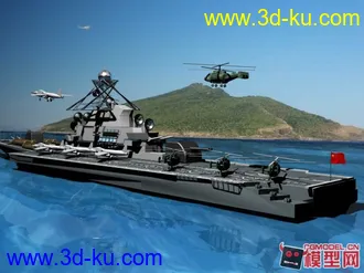 3D打印模型海面的航母和空中盘旋的飞机的图片