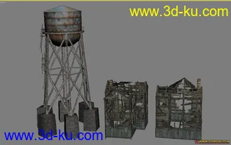 3D打印模型水塔 和 被轰炸的破房子的图片