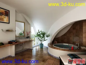 3D打印模型临摹一张照片做的一个阁楼浴室，练习下材质和灯光，发过来交流下的图片