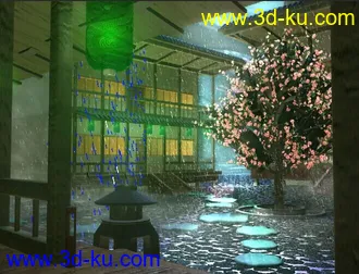 室外场景建筑模型下载！下雨天的古典日式建筑小院子木式房子场景maya模型下载的图片