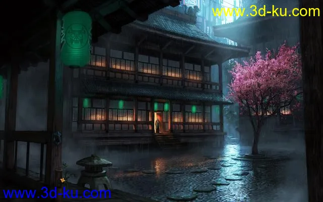 室外场景建筑模型下载！下雨天的古典日式建筑小院子木式房子场景maya模型下载的图片3