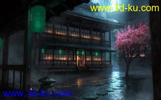 室外场景建筑模型下载！下雨天的古典日式建筑小院子木式房子场景maya模型下载的图片