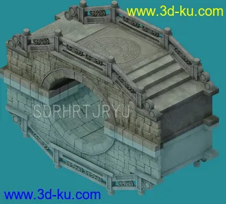 3D打印模型精心制作的高模石桥，偏Q版的古代半圆形石拱桥，带阴影，还附带修图的PSD分层文件哦~的图片