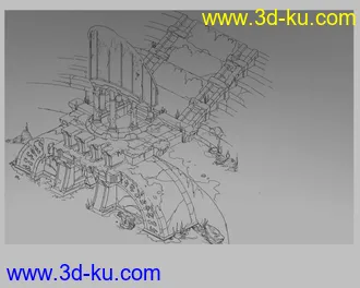 3D打印模型有科幻风格的竞技场大门建筑，带原画的图片