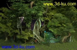一个游戏场景，树林，小屋，假山模型的图片