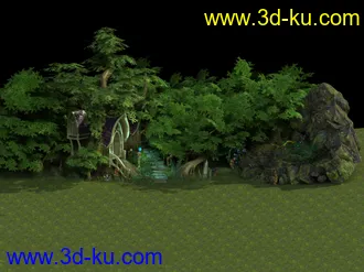 一个游戏场景，树林，小屋，假山模型的图片