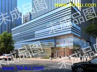 3D打印模型现代办公楼 场景 树 车  灯光材质的图片