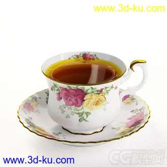 撑着绿茶的玫瑰花纹茶杯茶具高精度写实模型的图片