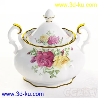 堆成玫瑰花纹青花瓷写实高精度模型的图片