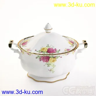 玫瑰花纹的汤盆高精度写实模型的图片