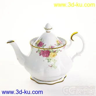 玫瑰花纹青花瓷茶壶茶具写实高精度模型的图片