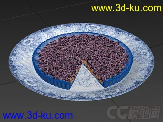 盛着蓝莓披萨的青花瓷盘子碟子碗的高精度写实模型的图片
