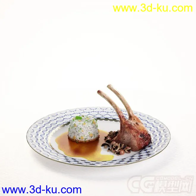 盛着牛排玉米饭的高精度写实盘子名模型的图片1