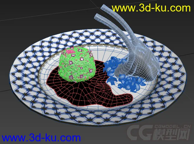 盛着牛排玉米饭的高精度写实盘子名模型的图片2