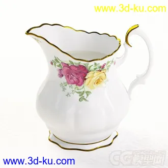 斜口大口玫瑰花纹茶壶茶具高精度金边青花瓷写实模型的图片