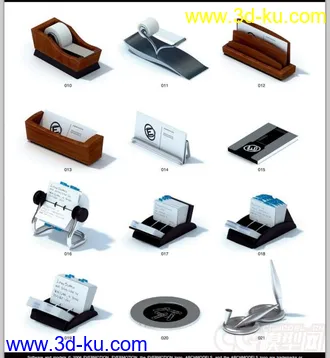 办公室模型，写实模型，名片夹，台卡，文件夹，饮水机，书，书本，光盘架子，垃圾桶的图片