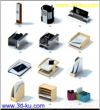 办公室模型，写实模型，名片夹，台卡，文件夹，饮水机，书，书本，光盘架子，垃圾桶的图片