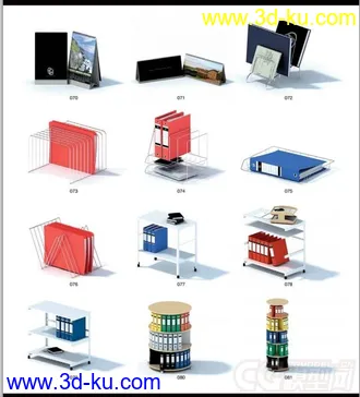 办公室模型，写实模型，名片夹，台卡，文件夹，饮水机，书，书本，光盘架子，垃圾桶的图片