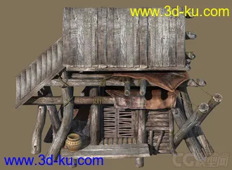 古代木质结构平顶房子3D模型免费下载的图片
