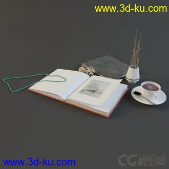 书本 咖啡 一盆草模型的图片