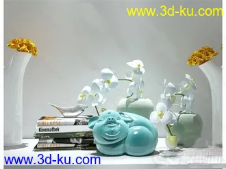 兰花 书本 一只猪 装饰摆设模型的图片