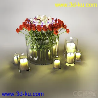 一捧玫瑰花跟蜡烛灯模型的图片