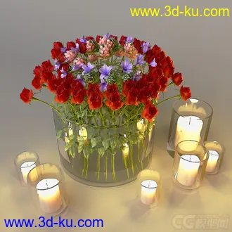 一捧玫瑰花跟蜡烛灯模型的图片