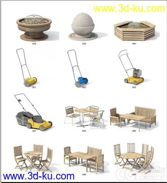 3D打印模型水井，烤箱，烧烤，摇椅躺椅，咖啡桌子，小品，阳伞，草地灯壁灯路灯，小木桥的图片