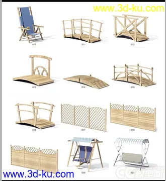 3D打印模型水井，烤箱，烧烤，摇椅躺椅，咖啡桌子，小品，阳伞，草地灯壁灯路灯，小木桥的图片