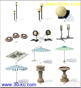 3D打印模型水井，烤箱，烧烤，摇椅躺椅，咖啡桌子，小品，阳伞，草地灯壁灯路灯，小木桥的图片