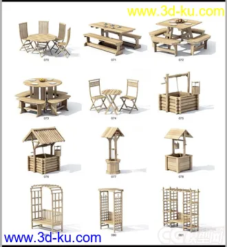 3D打印模型水井，烤箱，烧烤，摇椅躺椅，咖啡桌子，小品，阳伞，草地灯壁灯路灯，小木桥的图片