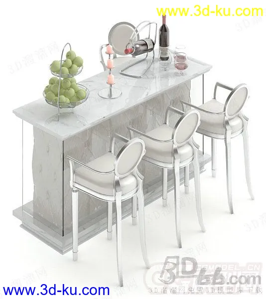 吧台，吧椅，果篮，水果，蜡烛，烛台，红酒，小品模型的图片1