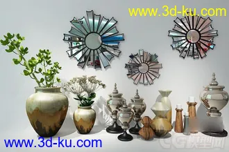 3D打印模型陶罐和金属装饰品组合的图片