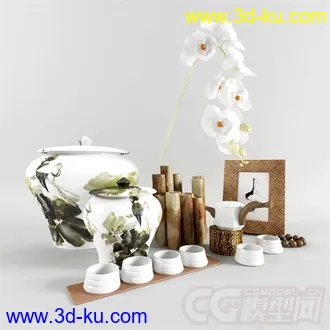 3D打印模型水墨画花纹陶罐装饰陈设品的图片