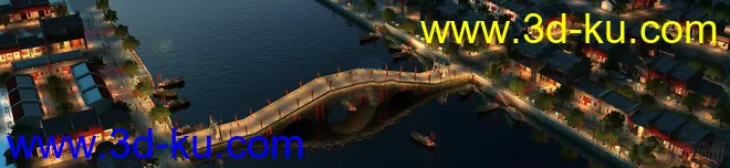 东方建筑 古桥 夜景模型的图片1
