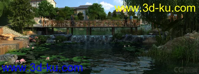 东方古建场景 木桥模型的图片1