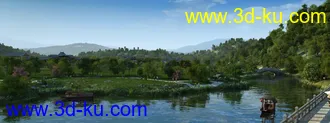 公园古建 场景模型 有山有水有船的图片