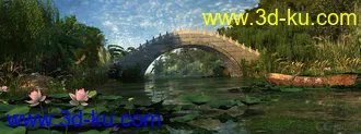 古桥 荷花池 小船 场景模型的图片